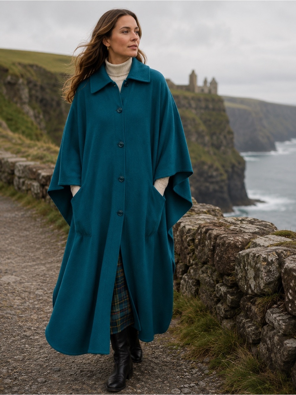 Jimmy Hourihan L/XL wool cloak pickers jade color buttons 47”L x 43” pit to pit